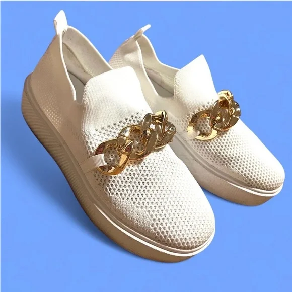 Women's White Slip-On Sneakers with Chunky Gold Chain Size 7.5 - Picture 6 of 7